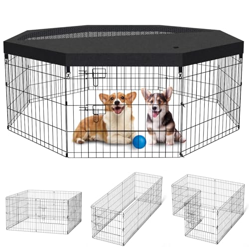 Hunde-Stift Haustier-Laufstall Hundezaun Indoor Faltbarer Metalldraht Übung Welpen Spielhof Haustiergehege Indoor Outdoor 8 Paneele 61 cm mit unterer Pad/obere Abdeckung (Grau mit oberer Abdeckung) von PEEKABOO