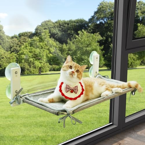 PEFUNY Kabellose klappbare Katzenfensterstange, Katzenhängematte für Fenster und Wand, mit 4 Saugnäpfen, stabiler Setal-Rahmen für Glasfenster und Innenwände (Beige mit Bett, mittelgroß) von PEFUNY