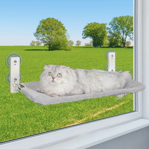 PEFUNY Kabellose klappbare Katzenfensterstange, Katzenhängematte für Fenster und Wand, mit 4 Saugnäpfen, stabiler Setal-Rahmen für Glasfenster und Innenwände (Grau Groß) von PEFUNY