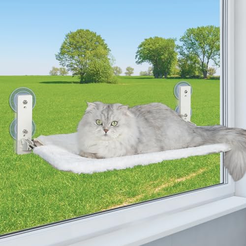 PEFUNY Kabellose klappbare Katzenfensterstange, Katzenhängematte für Fenster und Wand, mit 4 Saugnäpfen, stabiler Setal-Rahmen für Glasfenster und Innenwände (Weiß Groß) von PEFUNY