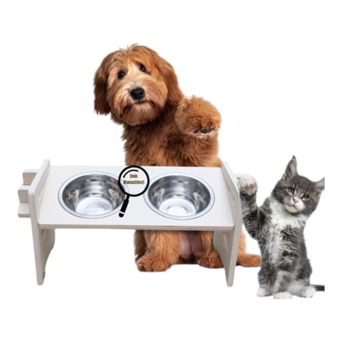Personalisierbare Futterstation in weiß aus Holz | Erhöhter Futternapf für Hund und Katze | Fressnapf höhenverstellbar | Hundenapf erhöht | Katzennapf Personalisierbare Futterstation in weiß aus Holz | Erhöhter Futternapf für Hund und Katze | Fressnapf höhenverstellbar | Hundenapf erhöht | Katzennapf von PEGSEN