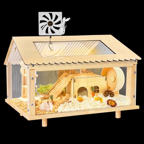 PEJOYT Hamsterkäfig aus Holz – 61 cm Meerschweinchen-Käfig, transparent, Kleintierkäfig mit offenem Oberteil, Hamsterlebensraum, Holzrahmen mit Acrylplatte und USB-Ventilator von PEJOYT
