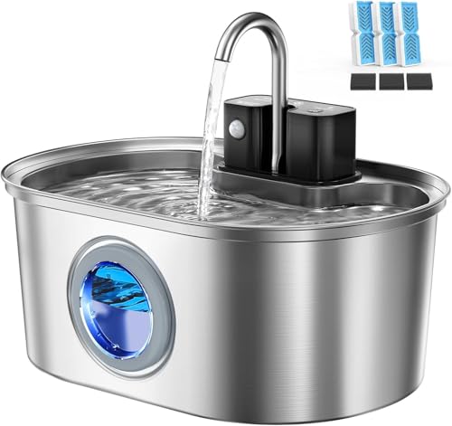 Drahtloser Katzenbrunnen aus Edelstahl: Batteriebetriebener Trinkbrunnen für Innenräume, automatischer Wasserspender mit Bewegungssensor, Ultra-leise Pumpe, Mehrfachfiltration - mit 3 Sätzen Filtern von PEKTACO