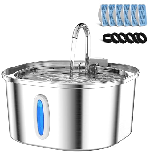 Katzen Wasserbrunnen - 3,2L/3,061.7 g Edelstahl Haustier Wassertrinkbrunnen für Katzen Innen, Hund Wasserbrunnen mit Wasserstandsfenster und 6 Filter + 6 Schwämme von PEKTACO