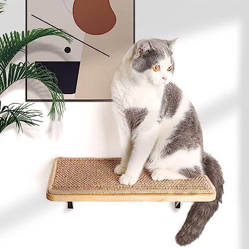 Schwebendes Wandregal für Katzen, mit Kratzmatte, 24 x 41 cm, Holz-Katzenfensterstange – Hängeregale, wandmontierte Betten zum Schlafen, Spielen, Klettern – unterstützt bis zu 13,6 kg von PELUOMOZ