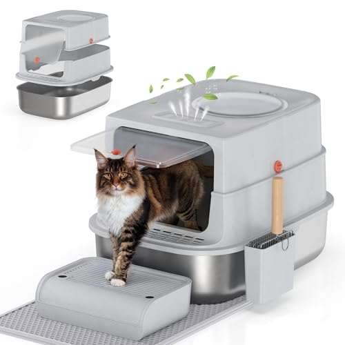 Katzentoilette aus Edelstahl mit Deckel, extra große geschlossene Katzentoilette für große Katzen, Anti-Leckage Metall-Kittybox mit hochseitigem Gehäuse, Schaufel, Pedal und rutschfester Matte, leicht Katzentoilette aus Edelstahl mit Deckel, extra große geschlossene Katzentoilette für große Katzen, Anti-Leckage Metall-Kittybox mit hochseitigem Gehäuse, Schaufel, Pedal und rutschfester Matte, leicht von PELUOMOZ