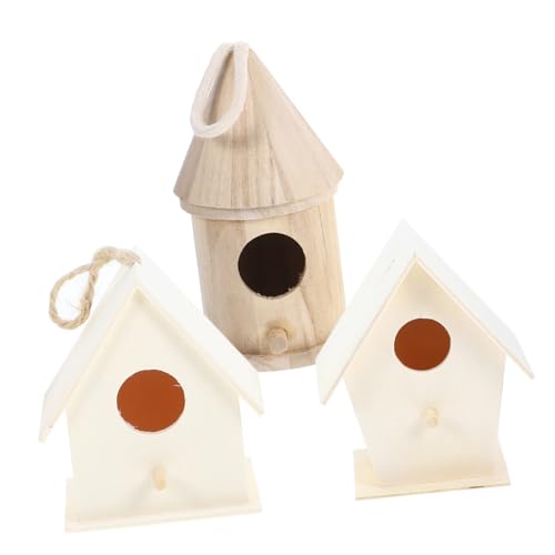 PENIKOKO 3 DIY Holz Vogelhaus zum Bemalen Kreatives Vogel Nistkasten Deko mit Breitem Eingang und Dickem Aufhänge Seil Natürlicher Holzfarbton als Garten und Wandkunst für Kleine Vögel von PENIKOKO