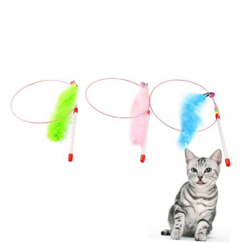 PENIKOKO 3 Stück Teiliges Katzenspielzeug mit Bunten Federn und Metall draht Rutschfestem Kunststoffgriff Interaktives Katzenangel Gesunde Bewegliche Katzen und Zufällige Farbe von PENIKOKO