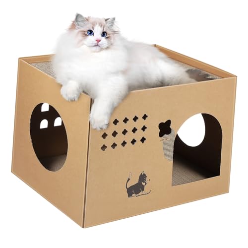 PENIKOKO Katzenhäuser Für Wohnungskatzen Gehäuse Innenkatzen Katze Karton Kratzer Katzenspielhaus Kratzbaum Für Katzenhäuser Katze Im Freien Klaue Wellpapier Beige von PENIKOKO