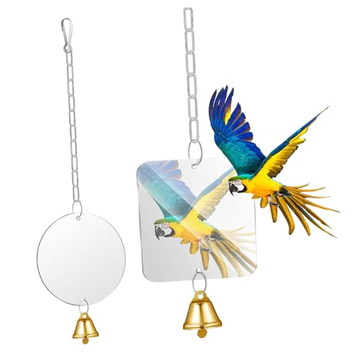 PEPLAYTAL 2 Stück Vogelspiegel mit Glocke Teiliges Acrylspiegel und Ringer für Papagei und Wellensittich Käfig Stabile Aufhängung mit Edelstahlkette Fördert Balance und Zufällige Farbe von PEPLAYTAL