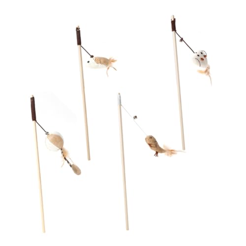 PEPLAYTAL 4 Stück Teiliges Katzenspielzeug mit Holzgriff Plüsch anhänger und Klingel Interaktiver Katzenangel Teaser zur Beschäftigung und Aktivierung von Hauskatzen Fördert Spielerische von PEPLAYTAL