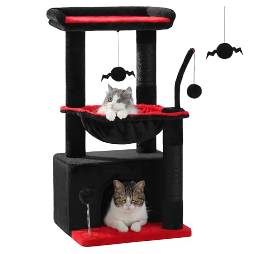 PEQULTI 4-in-1 Gothic-Katzenbaum, 83 cm, Katzenturm für Indoor-Katzen mit großer Katzenhütte, Katzenkratzbaum für Katzen mit tiefer Hängematte und gemütlicher Sitzstange, Schwarz PEQULTI 4-in-1 Gothic-Katzenbaum, 83 cm, Katzenturm für Indoor-Katzen mit großer Katzenhütte, Katzenkratzbaum für Katzen mit tiefer Hängematte und gemütlicher Sitzstange, Schwarz von PEQULTI