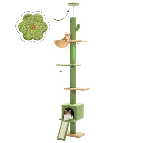PEQULTI Kratzbaum mit 5 Ebenen, hoher Kaktusturm, höhenverstellbar (210 - 274 cm), Kletterbaum für Indoor-Katzen, mit Höhle, Kratzbaum und Leiter, Grün von PEQULTI