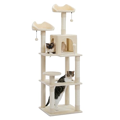 PEQULTI Katzenbaum mit mehreren Ebenen, 160 cm, für Indoor-Katzen, mit Sisal-überzogenem Kratzbaum, gemütlicher Katzenhängematte und breiter Sitzstange, Beige von PEQULTI