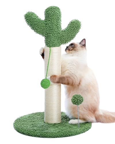 PEQULTI Katzenkratzbaum hoch für mittelgroße Katzen, Kaktuskratzer für Indoor-Katze, mit Spielzeugbällen, Federballfänger und vollständig umwickeltem starkem Sisalseil, Weiß, mittel von PEQULTI