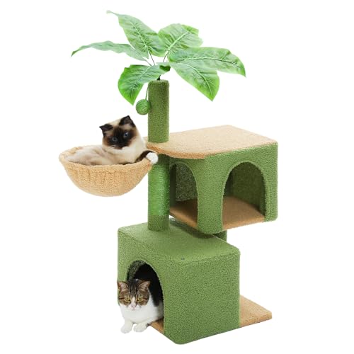 PEQULTI Kratzbaum für Indoor-Katzen, 100 cm, Weihnachts-Katzenbaum für große Katzen mit Kratzbäumen, 2 große Katzenhütten und tiefe Hängematte, Katzenaktivitätsbaum für Kätzchen, Grün von PEQULTI
