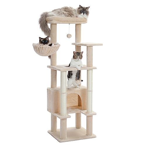 PEQULTI Kratzbaum für große Katzen, 137 cm, hoher Katzenturm mit gemütlicher Katzenhütte, Kratzbäume und breiter Sitzstange für Indoor-Katzen, Beige von PEQULTI