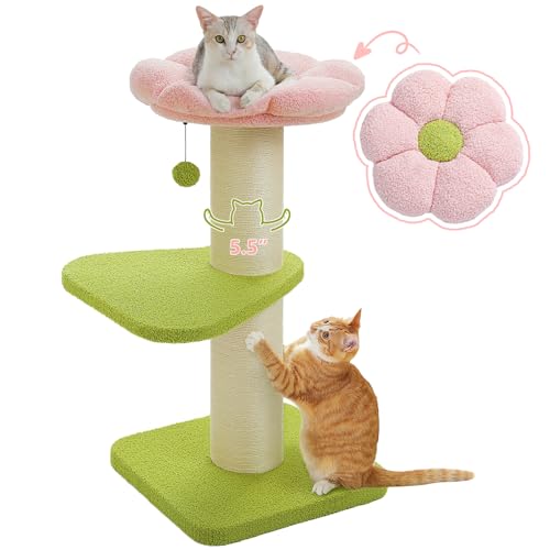 PEQULTI Kratzbaum für große Katzen, Blumenkratzbaum mit super dickem Kratzbaum [Durchmesser = 12,4 cm], Blumenkatzenbett, hoher Katzenkratzbaum für Hauskatzen, Rosa von PEQULTI