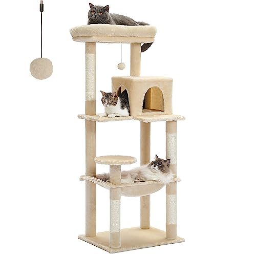 PEQULTI Kratzbaum für große Katzen mit Metallrahmen, große Hängematte, Katzenturm für Indoor-Katzen mit 2 Türen, Wohnhaus mit 2 Türen, mehrstufige Katzenregale mit Kratzbäumen und Sitzstange, Beige von PEQULTI
