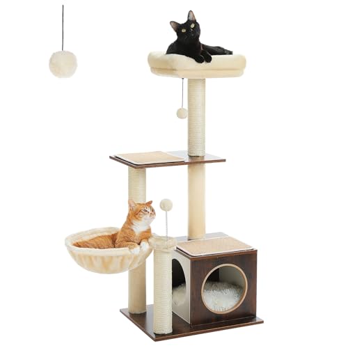 PEQULTI Moderner Katzenbaum für Indoor-Katzen, mehrstufiges Spielhaus, Katzenturm mit Katzenhütte, Kratzbaum, gemütlicher Hängematte und Plüschbommel, Braun PEQULTI Moderner Katzenbaum für Indoor-Katzen, mehrstufiges Spielhaus, Katzenturm mit Katzenhütte, Kratzbaum, gemütlicher Hängematte und Plüschbommel, Braun von PEQULTI
