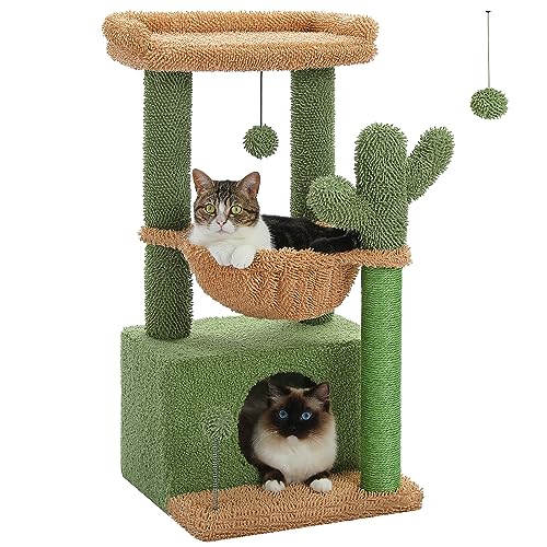 PEQUTLI 4-in-1-Kaktus-Katzenbaum, 84,8 cm großer Katzenturm für Wohnungskatzen mit großer Katzenhöhle, Kratzbaum für Katzen mit tiefer Hängematte und gemütlicher Sitzstange, Grün von PEQULTI