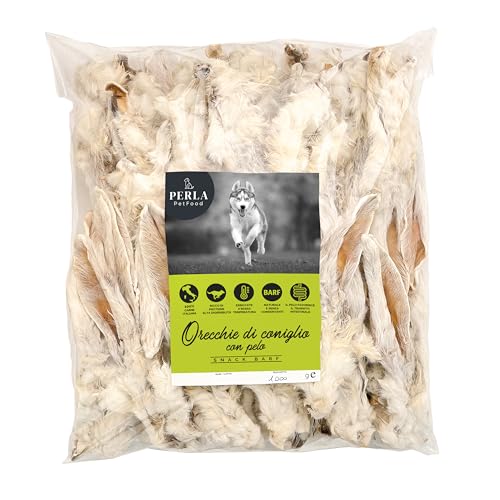 Perla PetFood - Hundesnack - Hasenohren mit Fell - Naturfutter 100% italienisches Trockenfleisch ohne Konservierungsstoffe - Hoher Proteingehalt - BARF Snack 1000 g von PERLA PetFood