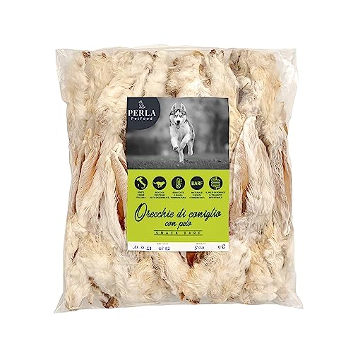 Perla PetFood - Hundesnack - Hasenohren mit Fell - Naturfutter 100% italienisches Trockenfleisch ohne Konservierungsstoffe - Hoher Proteingehalt - Snack BARF 500 g von PERLA PetFood