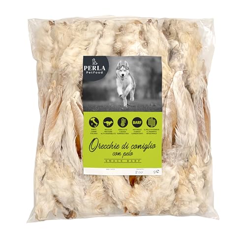 Perla PetFood - Hundesnack - Hasenohren mit Fell - Naturfutter 100% italienisches Trockenfleisch ohne Konservierungsstoffe - Hoher Proteingehalt - Snack BARF 500 g von PERLA PetFood