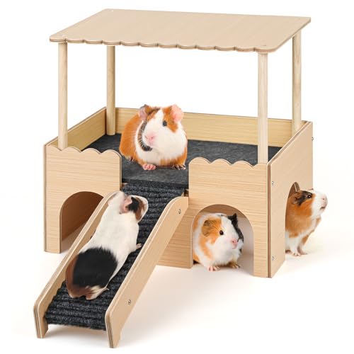 PESNLO 2-Etagen Kleintier-Versteck mit Dach, Treppe und Matten, Großes Schloss-Haus für Meerschweinchen, Hamster, Kaninchen, Chinchillas (Grau) von PESNLO