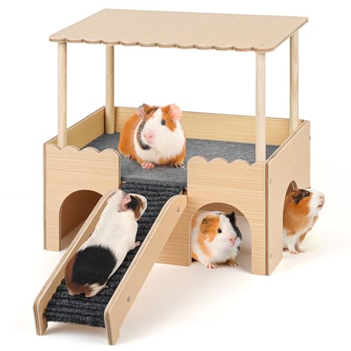 PESNLO 2-stöckiges Kleintierversteck Bett mit Dach, Treppe und Matten, großes Holz-Schlosshaus für Meerschweinchen, Hamster, Kaninchen, Chinchillas von PESNLO