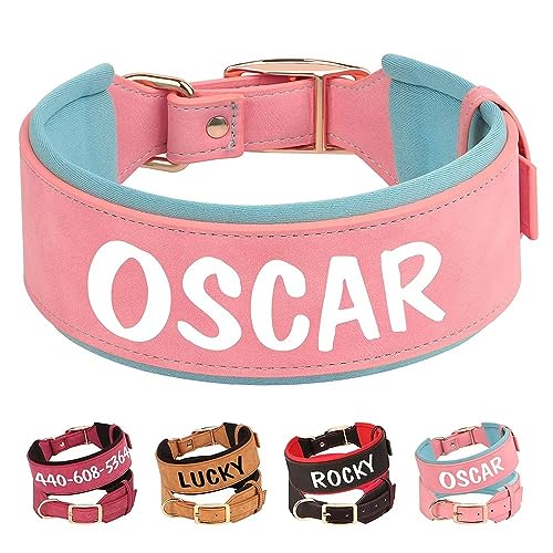 PET ARTIST 5CM Personalisierte PU Leder Hundehalsband für großen Hund. Weiches Dickes Gepolstertes Hundehalsband mit Großem Namen für Rottweiler Mastiff Dogge, rosa XL von PET ARTIST