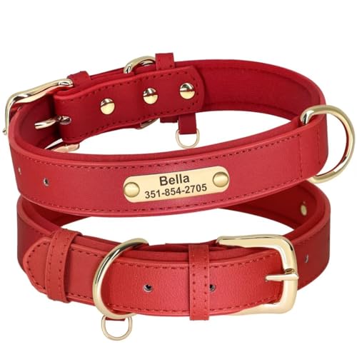 PET ARTIST Personalisiertes Hundehalsband, weiches Neopren, gepolstert, individuelles Leder-Hundehalsband mit Namensschild, verstellbares rotes Hundehalsband für große Hunde, Größe L von PET ARTIST