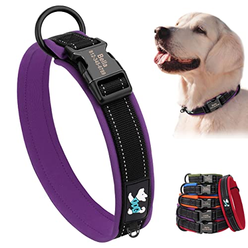 PET ARTIST Personalisiertes Hundehalsband Dickes Neopren Gepolstert, Verstellbar, Reflektierend Breit, Haustierhalsband mit Metallschnalle und Etikettenschlaufe für Welpen Hunde (L, Violett) von PET ARTIST