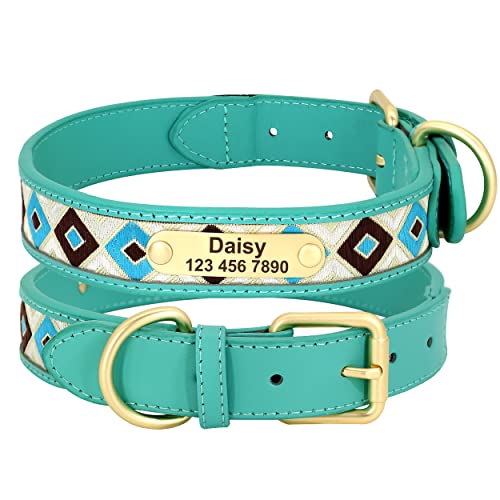 PET ARTIST Personalisiertes Hundehalsband mit Namen und Nummer, Leder-Hundehalsband mit Stickereien für kleine, mittelgroße und große Hunde, Größe M Halsumfang für 35–45 cm, Rhombusseeblau von PET ARTIST
