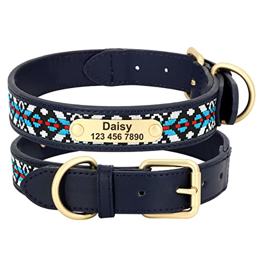 PET ARTIST Personalisiertes Hundehalsband mit Namen und Nummer, Leder-Hundehalsband mit Stickereien für kleine, mittelgroße und große Hunde, Größe M Halsumfang für 35–45 cm, Wellblau von PET ARTIST