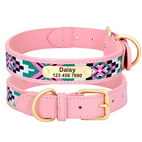 PET ARTIST Personalisiertes Hundehalsband mit Namen und Nummer, Leder-Hundehalsband mit Stickereien für kleine, mittelgroße und große Hunde, S-Halsumfang für 28–36 cm, Graffiti-Pink von PET ARTIST