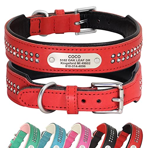 PET ARTIST Personalisiertes Hundehalsband mit Strass, zwei Reihen funkelnder Kristall, weiches Echtleder-Hundehalsband für kleine, mittelgroße und große Hunde, rot, L von PET ARTIST
