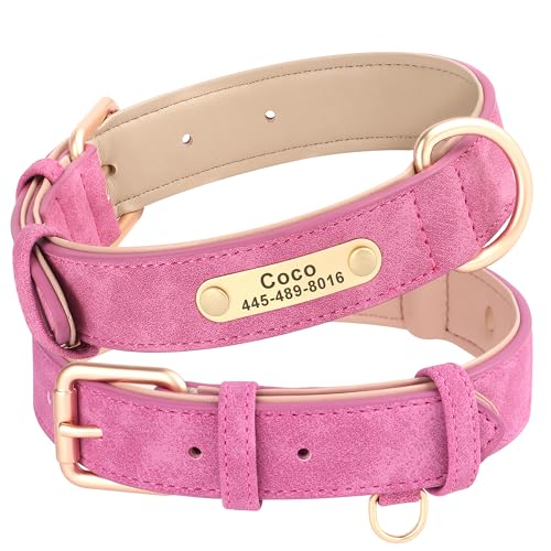 PET ARTIST Personalized Leather Dog Collar with NamePlate,Soft Padded Custom Dog Collars with Tag-Ring for Small Medium Large Dog,Pink,L von PET ARTIST