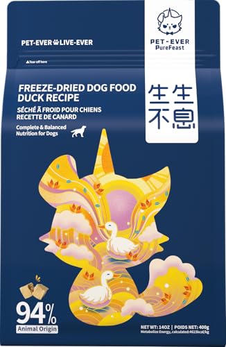 PET-EVER PureFeast gefriergetrocknete Hundeleckerlis, 94% tierisches, gefriergetrocknetes Rohfutter, gesundes Futter mit hohem Proteingehalt und Mahlzeitenmixer für Hunde (400g, Ente) von PET-EVER PureFeast