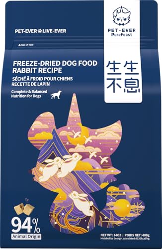 PET-EVER PureFeast gefriergetrocknete Hundeleckerlis, 94% tierisches, gefriergetrocknetes Rohfutter, gesundes Futter mit hohem Proteingehalt und Mahlzeitenmixer für Hunde (400g, Kaninchen) von PET-EVER PureFeast