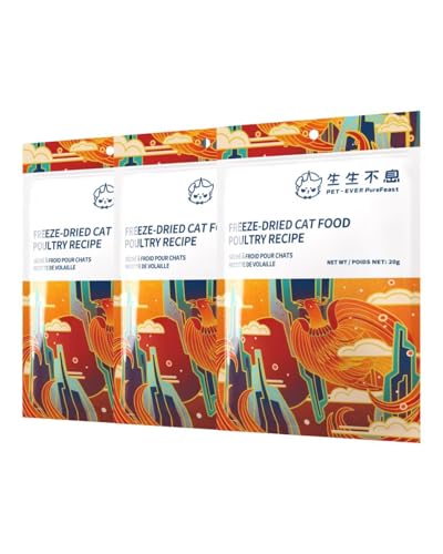 PET-EVER PureFeast gefriergetrocknetes Katzenfutter, 97% tierischen Ursprungs, weiches trockenes rohes Katzenfutter, Katzenleckerli und Toppings (20g*3, Geflügel) von PET-EVER PureFeast