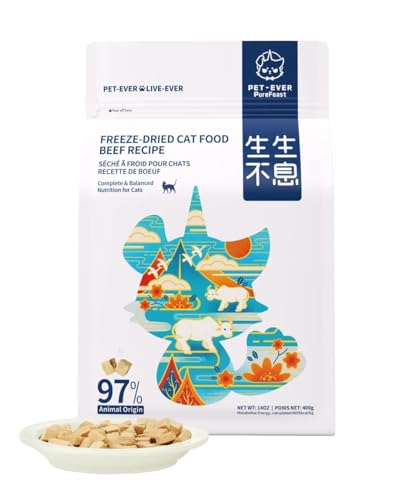 PET-EVER PureFeast gefriergetrocknetes Katzenfutter, 97% tierischen Ursprungs, weiches trockenes rohes Katzenfutter, Katzenleckerli und Toppings (400g, Rindfleisch) von PET-EVER PureFeast