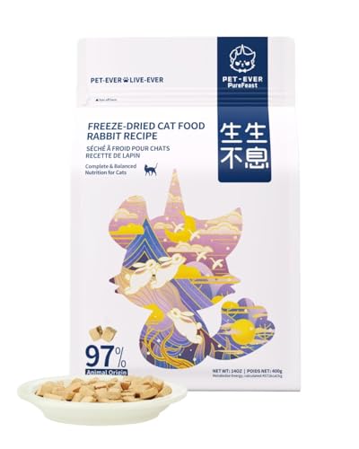 PET-EVER PureFeast gefriergetrocknetes Katzenfutter, 97% tierischen Ursprungs, weiches trockenes rohes Katzenfutter, Katzenleckerli und Toppings (400g, Kaninchen) von PET-EVER PureFeast