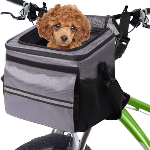 Hunde-Fahrradkorb, weicher Seitenkorb, geeignet für Haustiere bis zu 6,8 kg, kleine mittelgroße Welpen, Katzen, Kätzchen, Auto-Sitzerhöhung, Rucksack mit reflektierendem Band, Grau von PET FULED