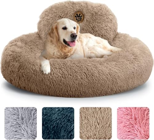 PetJett Beruhigendes großes Hundebett, Donut-Hundebett, rutschfest und waschbar, großes rundes Bett, flauschiges Kunstfell-Haustierbett, superweich, Anti-Angst, Premium-Komfortbett, passend für Hunde von PET JETT