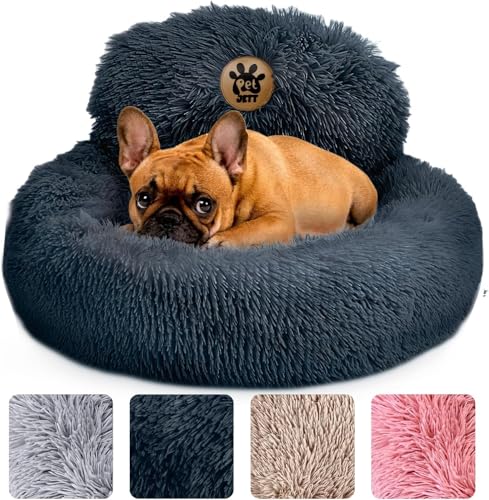 PetJett Beruhigendes kleines Hundebett, rund, rutschfest, waschbar, superweich, flauschig, Plüsch-Kunstfell, Anti-Angst, Premium-Komfort, Donut-Welpenbett, passend für Hunde bis zu 11,3 kg, Dunkelgrau von PET JETT
