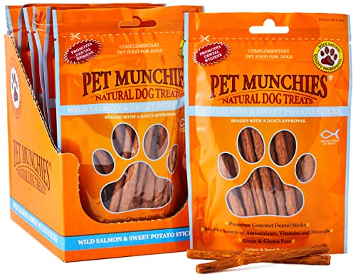 Pet Munchies Natural Fleisch Hunde Snacks (8 Packungen) (8 x 90g) (Wildlachs und Süßkartoffelsticks) von PET MUNCHIES