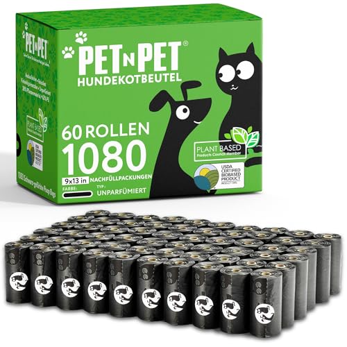 PET N PET Hundekotbeutel und Abfallbeutel USDA-zertifiziert 38% biobasierte Kotbeutel für Hunde 1080 Anzahl 60 Rollen 9x13 Zoll Hundekotbeutel, unparfümierte Kotbeutel von PET N PET