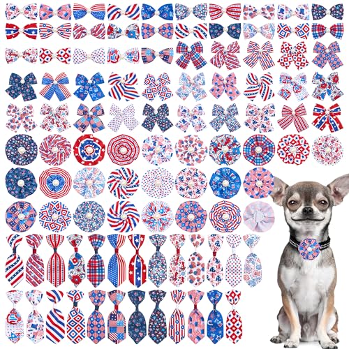 PET SHOW 100 Stück patriotische Schleifen und Krawatten für kleine Hunde, US-Flagge, Halsband, Blumen, 25er-Set, Streifen und Sterne, Muster für Unabhängigkeitstag, 14. Juni, 4. Juli, Party, Urlaub, von PET SHOW