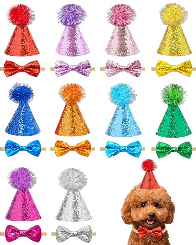 PET SHOW 20 Stück Mini-Hunde-Geburtstagshüte, Halsband, Fliegen, Glitzer, Set, verstellbares Katzen-Party-Stirnband und Fliegen mit elastischen Bändern für Stofftiere, Welpen, Kätzchen von PET SHOW